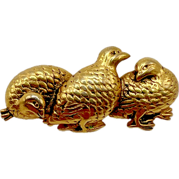 Vintage Japanese Museum Menuki Quail Trio Brooch Pin Gold Plated Birds - Picture 1 of 10